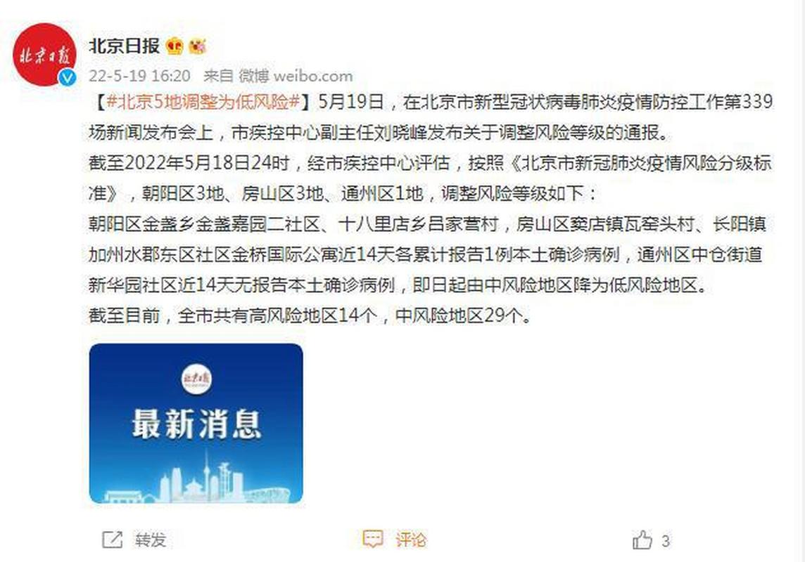 详细阅读:2022年5月北京各地区疫情风险等级调整情况通报 2022年5月北京各地区疫情风险等级调整情况通报